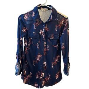 Wishful Park‎ Blue Floral Lace Button Up Blouse Adjustable Sleeves Size Medium